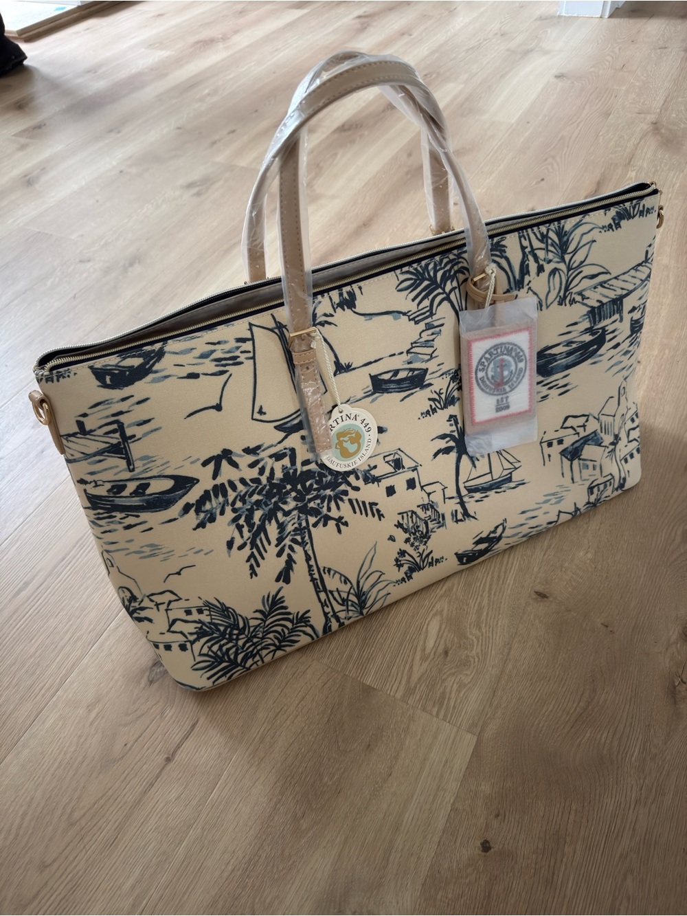 Spartina 449 Cream Tote with Navy Coastal Sketch